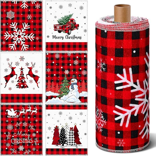 36 Pcs Christmas Reusable Paper Towels Rolls Washable Bulk Christmas Snowman Snowflake Red Plaid Kitchen Towels Paperless Reusable Cloth Cotton Napkins with Cardboard for Kitchen Bathroom