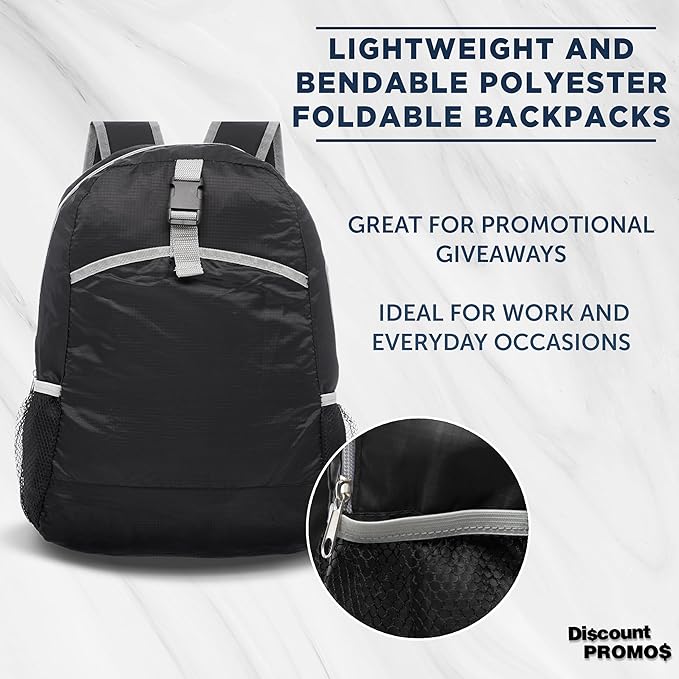 DISCOUNT PROMOS Lightweight Travel Packable Backpacks Set of 6, Bulk Pack - Perfect for Camping, Outdoor Sports - Black