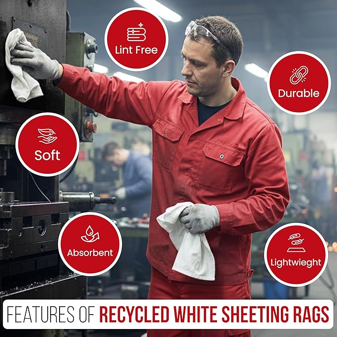 SupremePlus Recycled White Sheeting Cleaning Rags (5 lbs. Box) – Lint Free White Cotton Cloths for Manufacturing | Automotive | Janitorial | Shop Rags Bulk - Multipurpose