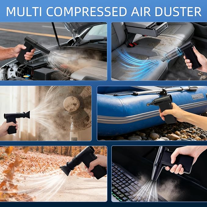 Electric Air Duster-130000 RPM Brushless Motor, 2-in-1 Blow & Vacuum, 4000mAh Rechargeable, 3 Gear Adjustable Compressed Air Duster for Computer, Keyboard, House and Car, 11pcs Accessories