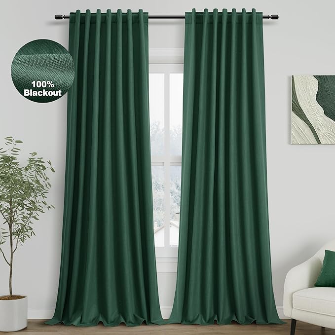 Nanspring Full Blackout Linen Green Curtains 90 Inches Long for Living Room Patio Sliding Door Back Tab 100% Black Out Bedroom Curtains Boho Elegant Modern Window Curtain Panels Set of 2 52x90 Inch