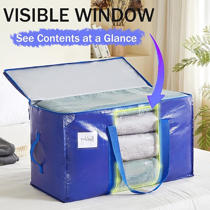 Extra Large Moving Bags, 4 Pack Heavy Duty Packing Bags for Moving, Totes For Storage with Visible Window and Wrap Around Handles, Moving Supplies for Space Saving