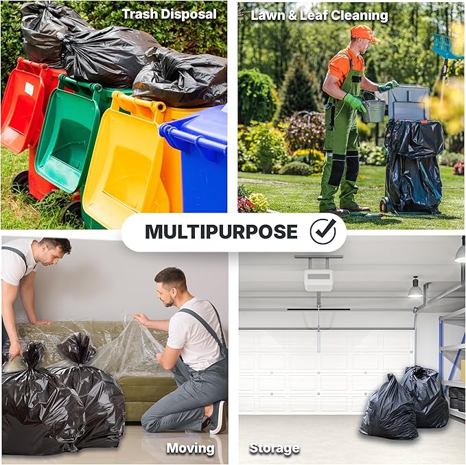 33 Gallon Trash Bags, 30 Micron Heavy Duty Pure LDPE Garbage Can Liners, 33" x 39" Large, Black, 100 Count