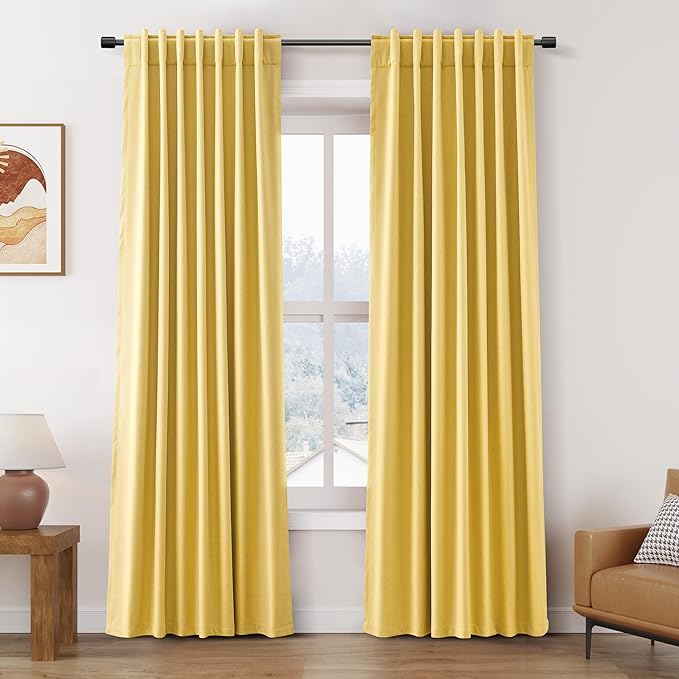 Nanspring Gold Yellow Linen Blackout Curtains 84 Inches Long Back Tab Rod Pocket Thermal Insulated Full Light Black Out 2 Panels Set for Living Room Elegant Modern Curtains Drapes 52x84