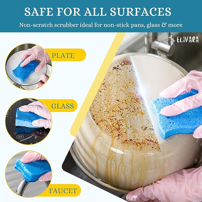 ELIVARA Kitchen Sponges – 12 Pack – Non-Scratch Dual-Sided Cellulose Scrub Sponges for Dishes, Pots, and Pans – Durable, Absorbent, and Reusable (Dark Blue/Light Blue)