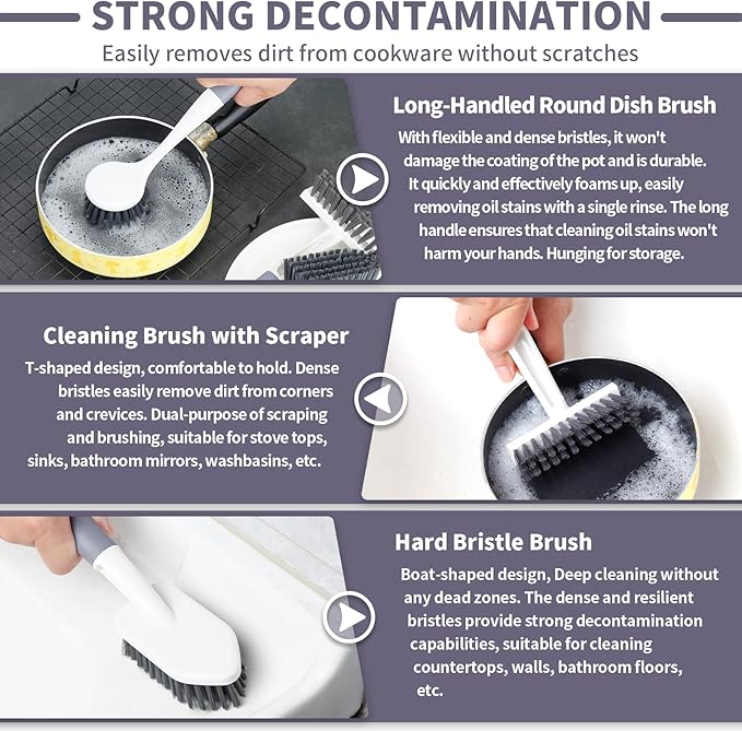 Xicennego 3 Pack Kitchen Cleaning Brush Set,1 Pot and Dish Cleaning Brush with Long Handle,1 Kitchen and Bathroom Brush with Scraper Strip, 1 Hard-Bristled Brush for Sink, Countertops, Tiles（Grey