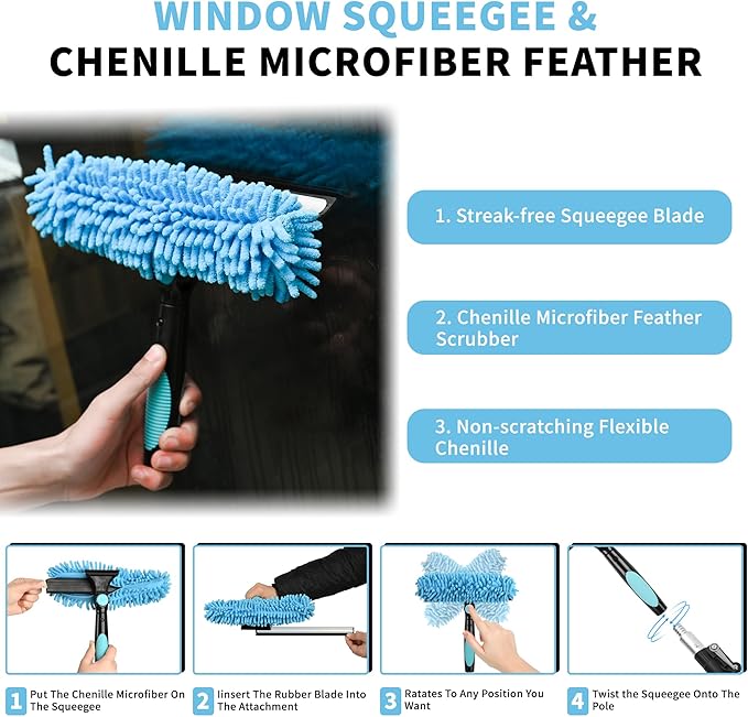 SHINMING 2-in-1 Window Squeegee and Microfiber Scrubber, Multi-Angle Window Cleaning Tool, Solar Panel Cleaning Brush Threaded Window Cleaner Brush for RV Windshields