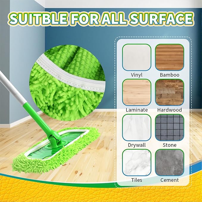 Sakerplus Chenille Mop Refill Pads for Home Use– Replacement Mop Heads for Floor Cleaning,Fits Most Standard Mops, for Hardwood Tile Laminate Floors (Green 6PCS)