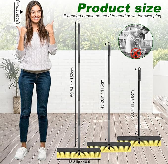 18 Inches Push Broom Outdoor- Heavy Duty Commercial Broom with 64.5" Long Handle and Stiff Bristles for Patio Garage Deck Concrete Wood Stone Tile Driveway Yard Warehouse Shop Floor Cleaning