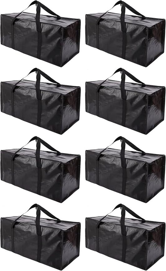 Extra Large Moving Bags with Zippers & Carrying Handles, Heavy-Duty Storage Tote for Space Saving Moving Storage, Fold Flat, Alternative to Box and Bin - 8 Pack, Black