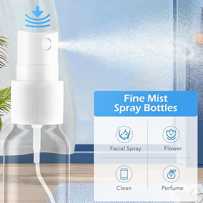 Spray Bottles, 4oz/120ml Clear Empty Fine Mist Plastic Mini Travel Bottle Set, Small Refillable Liquid Containers with 2pcs Funnels and 24pcs Labels (6 Pack)