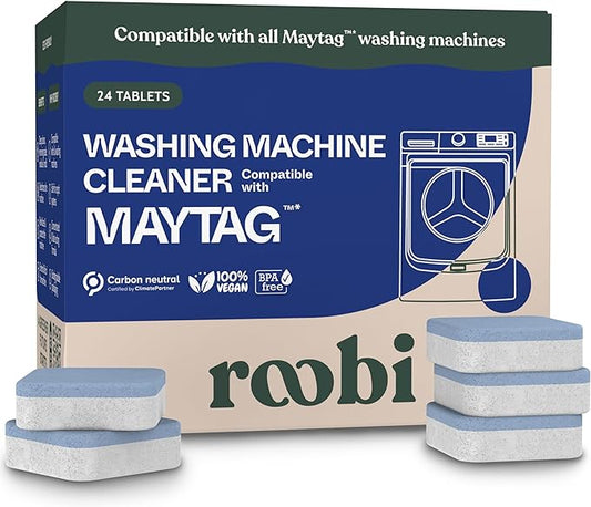 Roobi Washing Machine Cleaner Tablets compatible with Maytag. Deep Clean Formula Eliminates Odor, Residue & Build-Up. Carbon-Neutral & Septic-Safe 24-Pack Cleaning Tablets.
