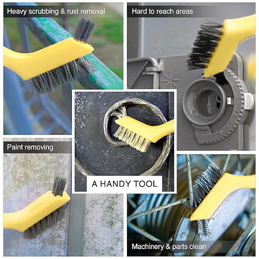 Lavaxon Wire Brush Set 3Pcs - Nylon/Brass/Stainless Steel Bristles with Curved Handle Grip for Rust, Dirt & Paint Scrubbing with Deep Cleaning – 7 Inches (Yellow)
