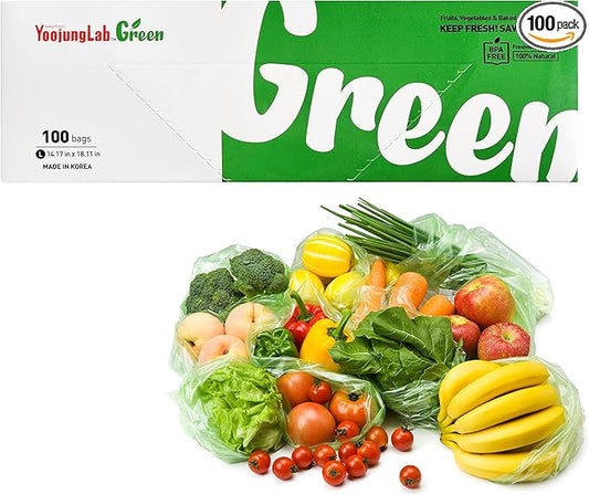 Green, Food Storage Bags, 14.17" 18.11" 100bags, Keep Fresh Produce Bags, Food Saver Storage for Fruits, Vegetables, BPA FREE, HDPE, Green color bag, Plastic Bread Bags, Eco-Friendly