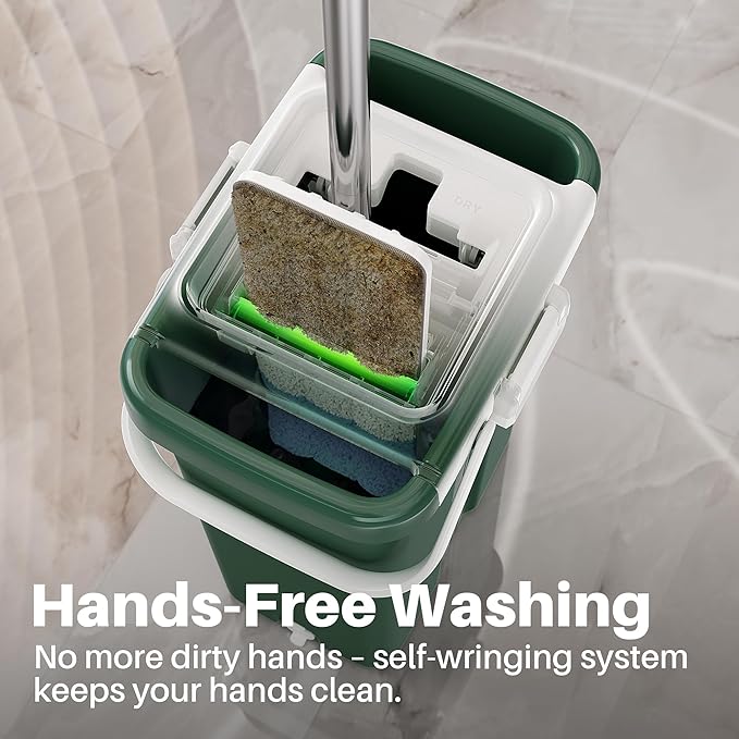 JOYMOOP Commercial Mop and Bucket Set, 17.7-inch Dust Mops for Floor Cleaning, Flat Mop Bucket with Wringer, Include 5 Reusable Microfiber Mop Pads - Forest Green