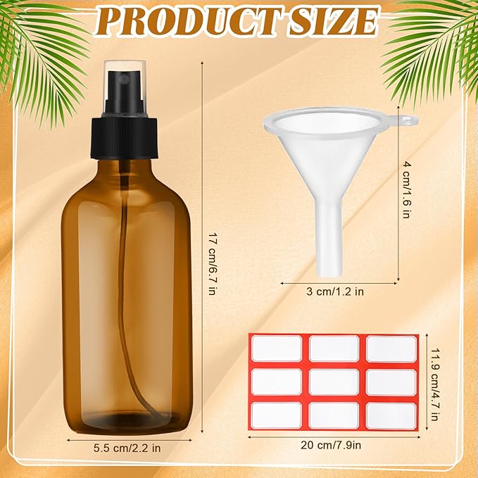 Norme 12 Pcs 8 oz Glass Spray Bottles with Funnels and Labels Refillable Cosmetic Empty Spray Bottles with Sprayer Containers for Essential Oil Cleaning Solutions(Amber,Stylish)