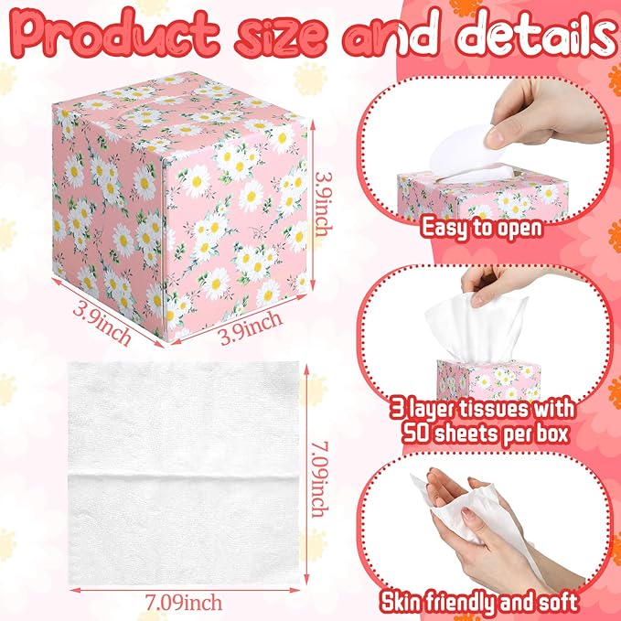 12 Pack Summer Daisies Floral Facial Tissues Cube Boxes 600 Sheets 3 Ply Pink Small Flower Face Tissues Bulk for Summer Car Bedroom Supplies