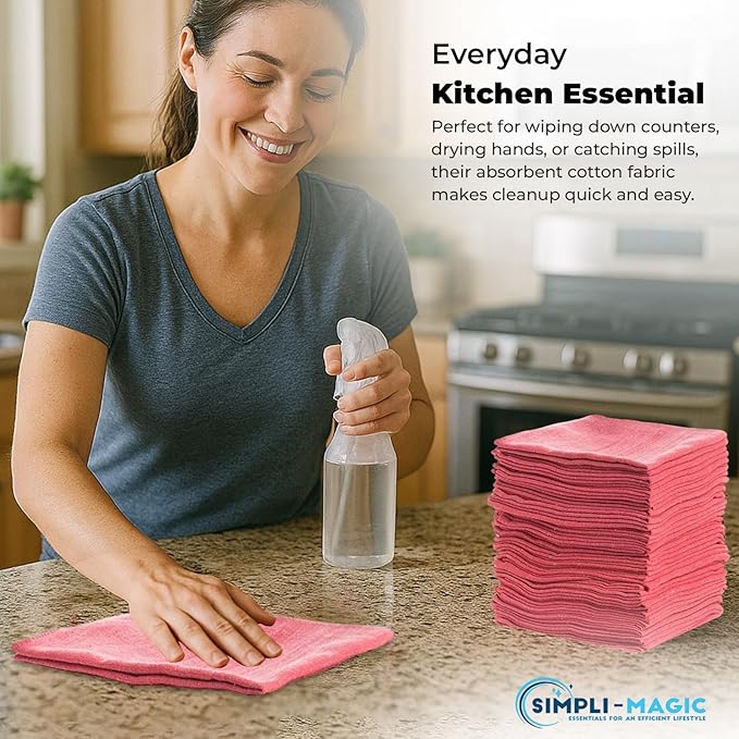 Simpli-Magic Cotton Shop Towels 14"x12" (150 Pack) – Reusable Cleaning Shop Rags for Automobiles, Industries, Garage and Homes (Red)