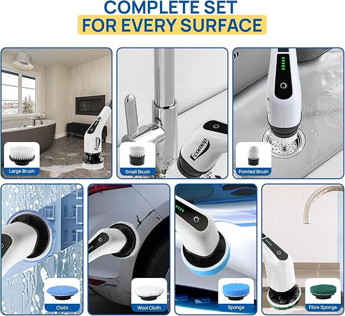 2025 Upgraded Electric Spin Scrubber – Shower Scrubber with Long Handle, Cordless Electric Cleaning Brush, 400 RPM Dual-Speed, IPX5 Waterproof, 90-Min Runtime, 8 Brush Heads for Powerful Cleaning