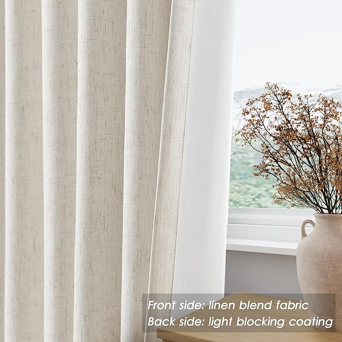 Beige White Linen Blackout Curtains 90 Inches Long Loop Pocket Rod Pocket Heat Reducing Noise Reducing Total Blackout 2 Panels Set for Sliding Door Boho Farmhouse Curtains Drapes 52x90