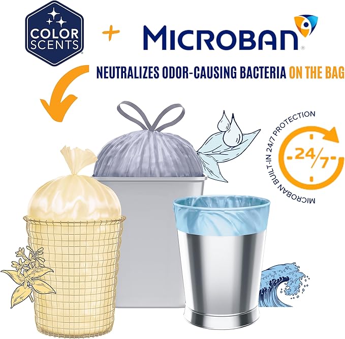 Color Scents Small Trash Bags - 4 Gallon, 480 Total Bags (8 Packs of 60 Count), Twist Tie - Lavender bag in Lavender Scent with Microban