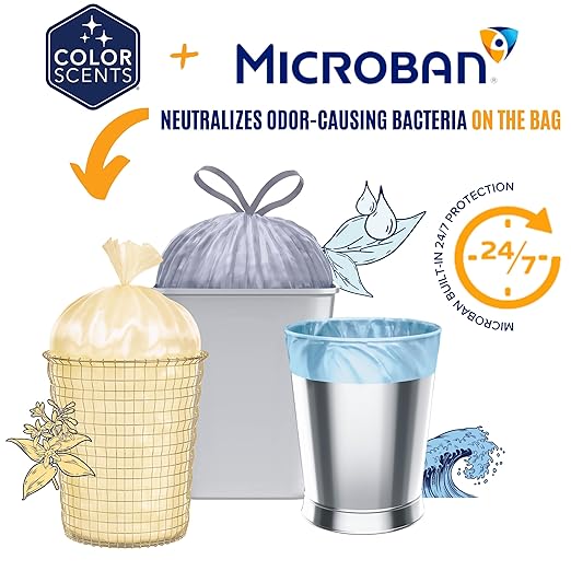 Color Scents Small Trash Bags - 4 Gallon, 40 Bags (1 Pack of 40 Count), Drawstring - Silver Bag in Simply Clean Scent with Microban