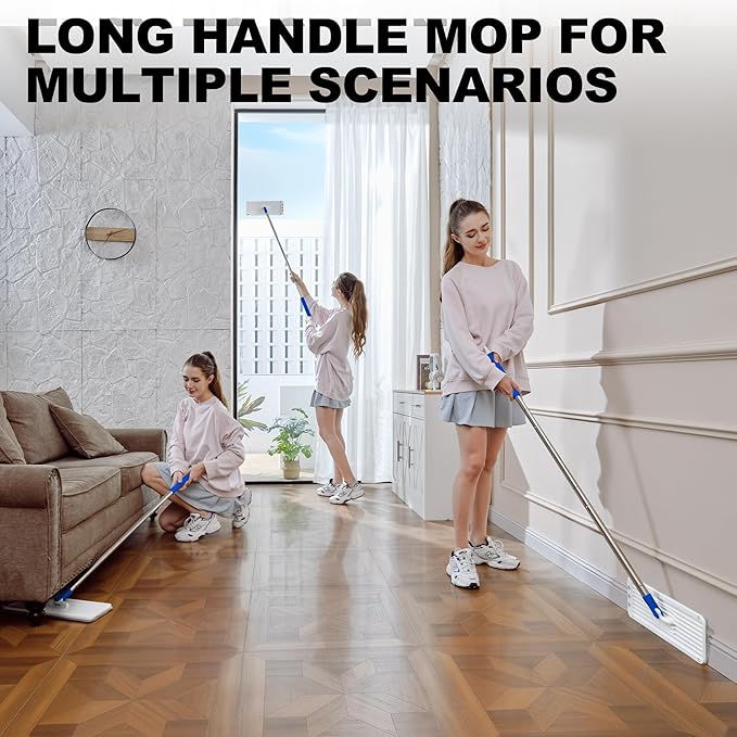 BEJOMOP Mop and Bucket Set with Wringer, Dry & Wet Dust Mop for Household Floor Cleaning with 5 Microfiber Mops, Flat Squeeze Spin Wall Mop Cleaner with Long Handle, Slate Blue