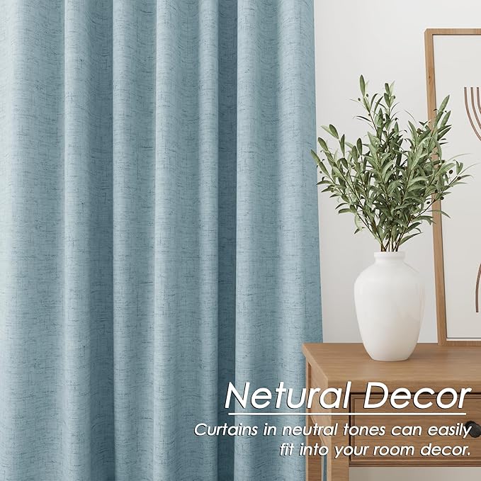 Blackout Light Blue Linen Curtains 96 Inches Long Back Tab Heat Reflective Full Light Block Out Curtain 2 Panels for Bedroom Window Textured Long Draperies with Liner Floor to Ceiling Length 52x96