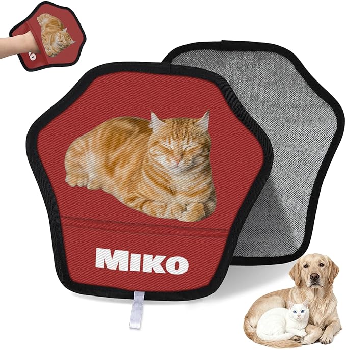 XIOBODR Personalized Pet Hair Remover Glove for Dogs & Cats - Custom Photo & Name Magic Brush for Dog Cat Hair Removal, Reusable Electrostatic Pet Hair Gloves for Furniture Carpet Couch, Photo Red