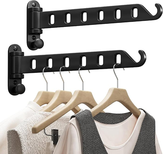 2-Pack Wall Mounted Clothes Drying Rack, Foldable Coat Hanger Holder, Space Saving Laundry Organizer, Sturdy and Durable Aluminum Design (Black)