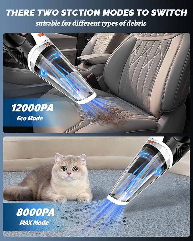 BRL Handheld Vacuum Cordless, Brushless Car Vacuum Cleaner with 12000PA Powerful Suction, 2 Suction Modes Mini Hand Vacuum, Dry & Wet, Portable Vacuum for Car Pet Hair, Home, Office, Keyboards