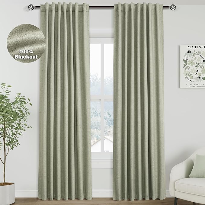 100% Blackout Linen Curtains 84 Inch Length 2 Panels Sage Green Light Blocking Darkening Living Room Curtains 84 Inches Long Elegant Modern Back Tab Pocket Noise Reducing Drapes for Nursery 52X84