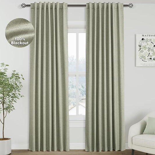 100% Blackout Linen Curtains 84 Inch Length 2 Panels Sage Green Light Blocking Darkening Living Room Curtains 84 Inches Long Elegant Modern Back Tab Pocket Noise Reducing Drapes for Nursery 52X84