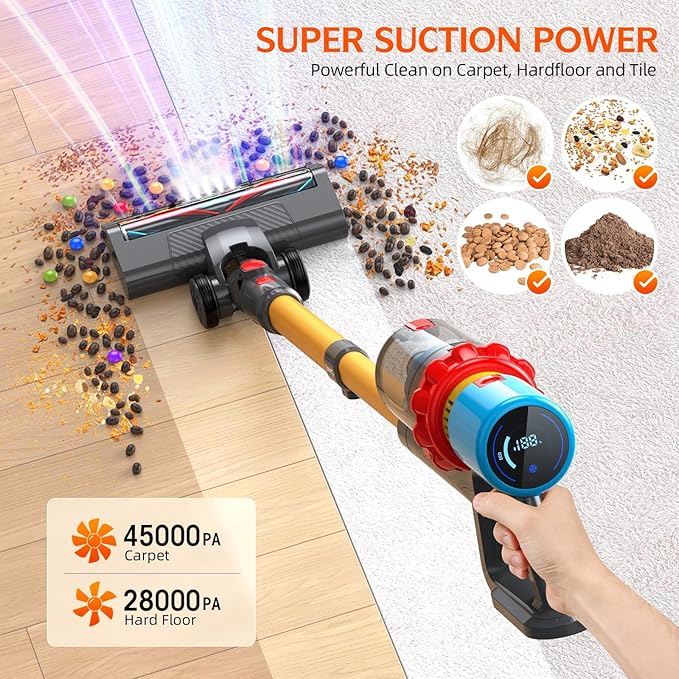 KZJKZJ Cordless Vacuum Cleaner, 550W 70Mins Powerful Suction Stick Vacuum, Anti-Tangle, Lightweight Vacuum Cleaner for Home, Rechargeable Vacuum Cordless for Hard Floor/Carpet/Pet Hair, LED Screen