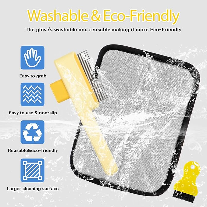Udihch Electrostatic Pet Hair Removal Glove - Reusable Pet Hair Removal Glove with Cleaning Brush & Flea Comb for Cats & Dogs, Washable for Clothing, Couch, Carpet, Car Seat (Black/Yellow)