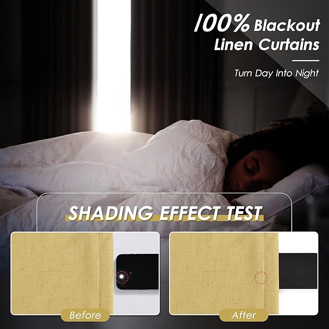 Nanspring Gold Linen Blackout Curtains 84 Inches Long Back Tab Rod Pocket Heat Reducing Noise Cancelling Total Sun Blocking 2 Panels Set for Sliding Door Boho Farmhouse Curtains Drapes 52x84