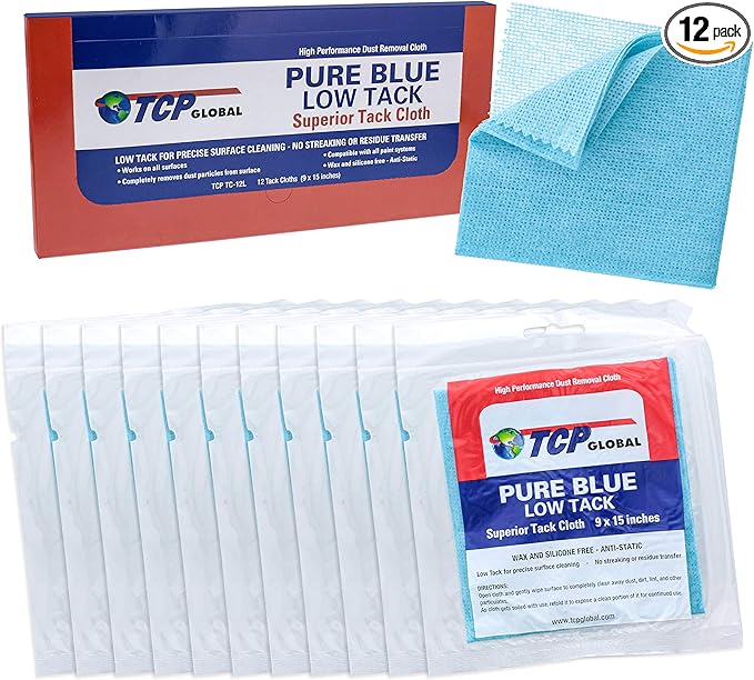 TCP Global Pure Blue Low Tack Superior Tack Cloth, 12-Pack, Automotive & Woodworking, Dust/Stain/Paint Rags, Tac Cloth for Autobody