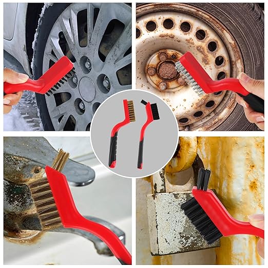 A A IN 6-Pack Wire Brush Set Nylon/Brass/Stainless Steel Bristles with Curved Handle Grip Scratch Brushes for Deep Cleaning and Rust Removing Small Cleaning Brushes-7 Inches (Red)