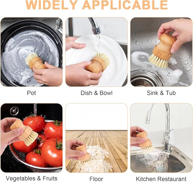 6 Pack Wood Dish Brush Set, Wood Scrub Brush for Dishes with Natural Sisal Bristles, Natural Dish Brushes for Pots Pans Sink Vegetables - Eco-Friendly Kitchen Cleaning Tools (3.14" x 1.96")
