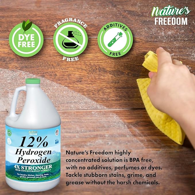 Nature's Freedom 12% Hydrogen Peroxide, 1 Gallon with “How to Do Everything with 12% Hydrogen Peroxide” Cleaning Book – Pure H2O2 for Home & Surface Cleaning