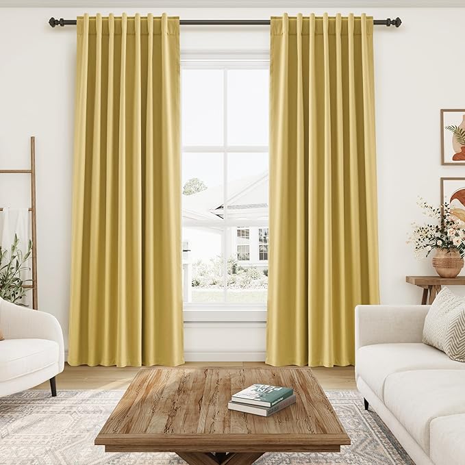 Nanspring Gold Linen Blackout Curtains 90 Inches Long Back Tab Pocket Noise Cancelling Sound Proof Total Sun Blocking 2 Panels Set for Sliding Door Modern Farmhouse Curtains Drapes 52x90