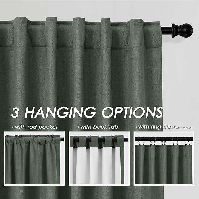 Blackout Olive Green Linen Curtains 96 Inches Long Back Tab Heat Reflective Full Light Block Out Curtains 2 Panels for Bedroom Windows Textured Long Draperies with Liner Floor to Ceiling Length 8Ft