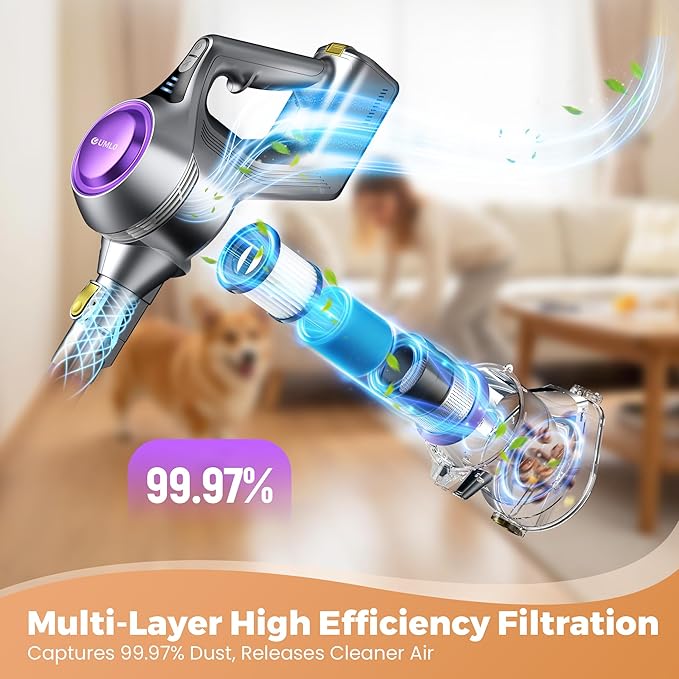 UML0 Cordless Vacuum Cleaner, 40Kpa Powerful Suction Stick Vacuum Cleaners for Home, 45 Mins Runtime, 1.6L Dust Box, Anti-Tangle, 8-in-1 Rechargeable Vacuum for Hardwood Floor, Carpet, Pet Hair
