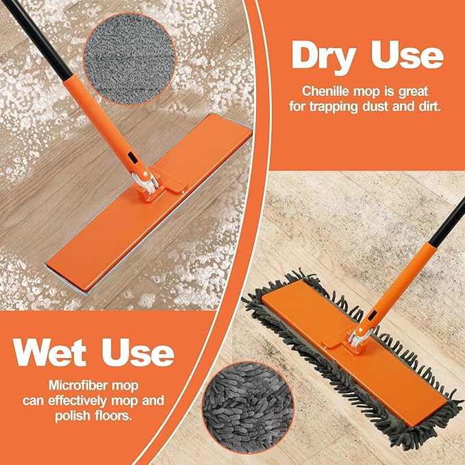 JEHONN Dust Mop for Hardwood Floors, Broom Duster with Unique 90° Foldable Panel, 2 Chenille and 2 Microfiber Pads, Dry Wet Flat Dustmop for Cleaning Vinyl, Laminate, Tile, Marble (Orange)