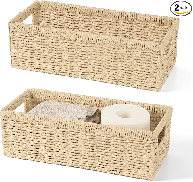 2 Pack Paper Rope Wicker Baskets with Handles, Storage Wicke Baskets for Shelves Organizing, Natural Color Toilet Basket Tank Topper, Small Woven Baskets for Storage, 14.17x6.1x4.72in