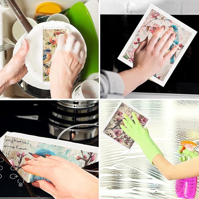 Vintage Bird Swedish Dishcloths for Kitchen, 6PCS Bird Swedish Cloths for Washing Dishes Reusable Floral Dish Towels Washable Cleaning Sponge for Home Party Cleaning Housewarming Quick Drying