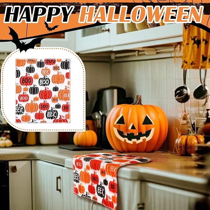 36 Pcs Halloween Reusable Paper Towels Rolls Washable Bulk Halloween Boo Pumpkin Kitchen Towels Paperless Reusable Cloth Cotton Napkins with Cardboard for Kitchen Bathroom