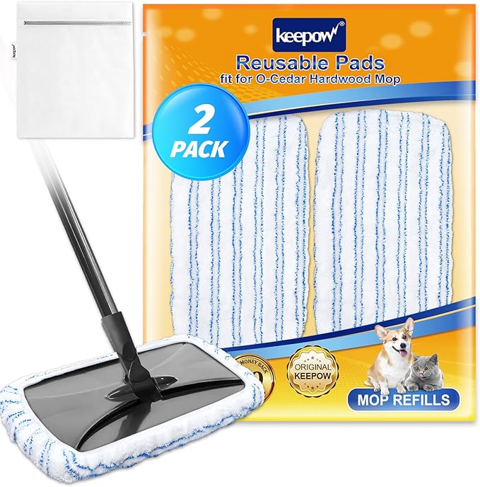 KEEPOW Reusable Mop Pads Compatible with O Cedar Hardwood Floor'N More Microfiber Mop, Mop Refill Heads Replacements for Wet and Dry Use, 15x8 Inch (2 pcs)