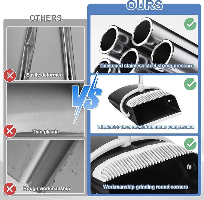Broom and Dustpan Set with Long Handle, Upright Standing Design, Indoor Outdoor Cleaning Combo, Black and Gray