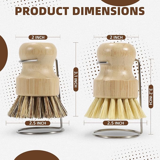 SAMEBUTECO 6-Piece Bamboo Dish Brush Set with Fast-Dry Stainless Steel Holder,3xNatural Sisal Bristle Brush & 1xPalm Bristle Kitchen Cleaning Brushes for Dishes, Pots, Pans & Sink